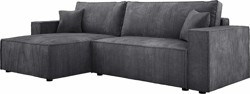 POSO XL Narożnik rozkładany ze skrzynią - przestronny, wytrzymała tkanina prążkowana, sprężyny faliste, szary, 274x143x83 cm