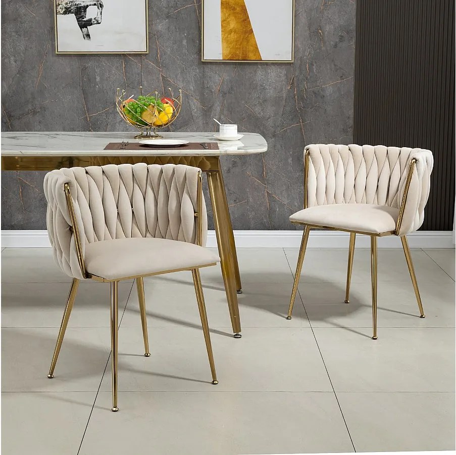 Zestaw 2 krzeseł do jadalni z plecionym oparciem i złotymi metalowymi nogami - aksamit w kolorze kości słoniowej