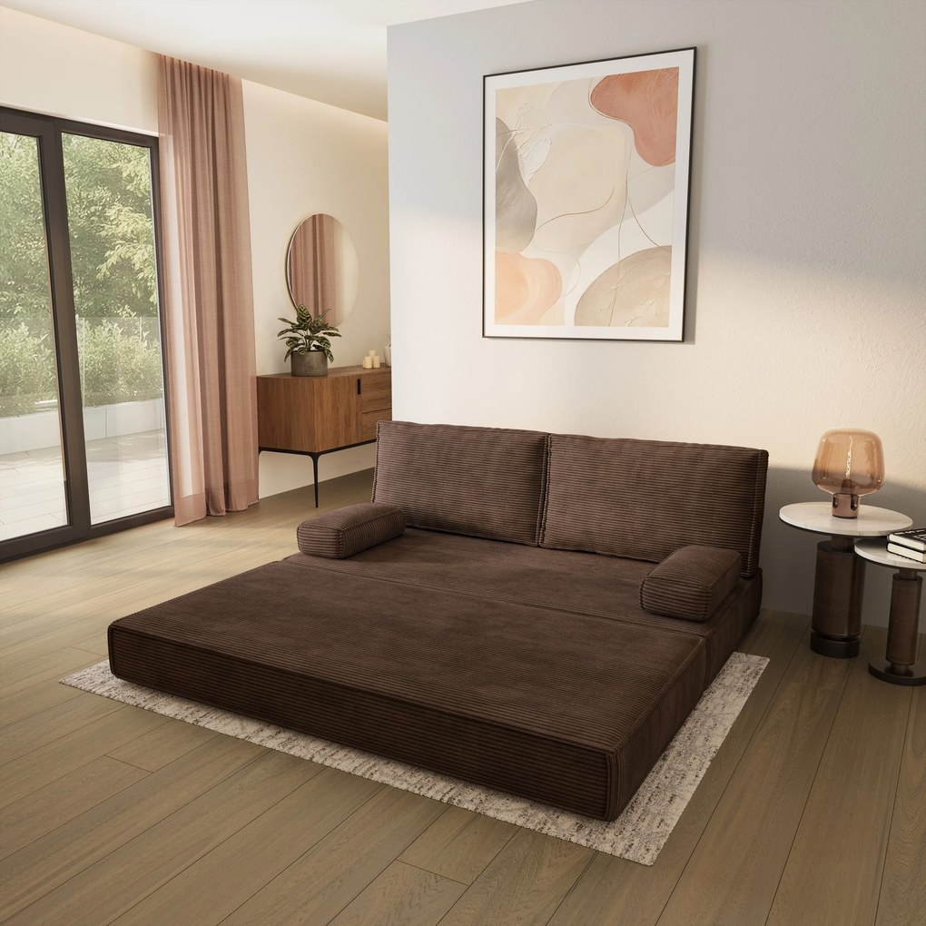 Masseno Sofa piankowa SILAR z funkcją spania, Kanapa z pianki do salonu, Bezmontażowa, Tkanina sztruksowa – Brązowy POSO 06