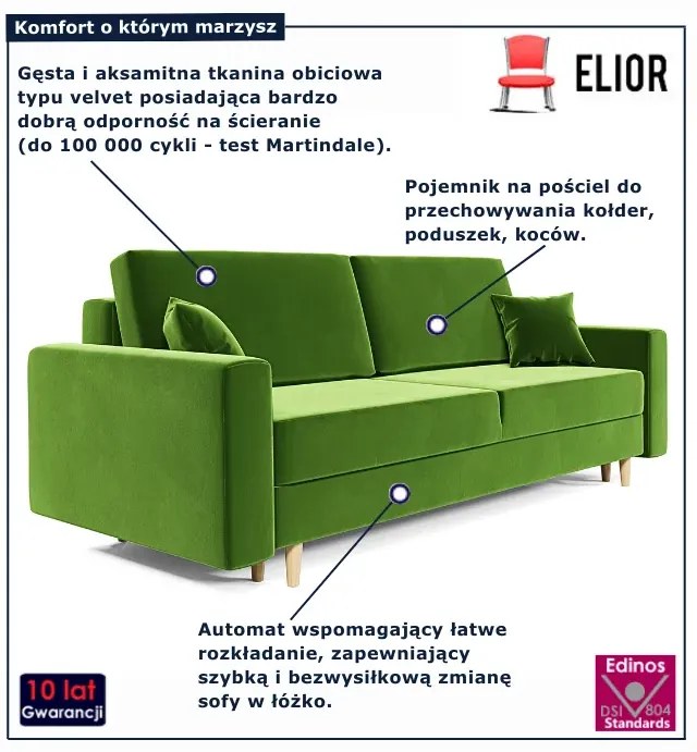Zielona sofa welurowa z pojemnikiem i funkcją spania F6-F03
