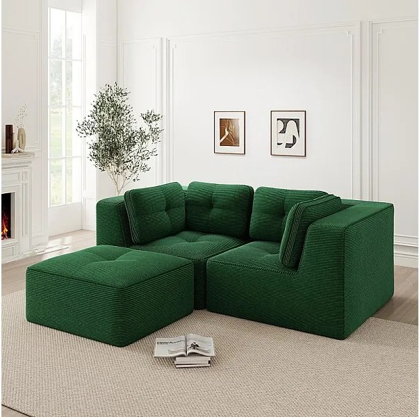 Canapé d'angle modulable, avec pouf et coussins, en velours côtelé, Vert, 208x177x69cm