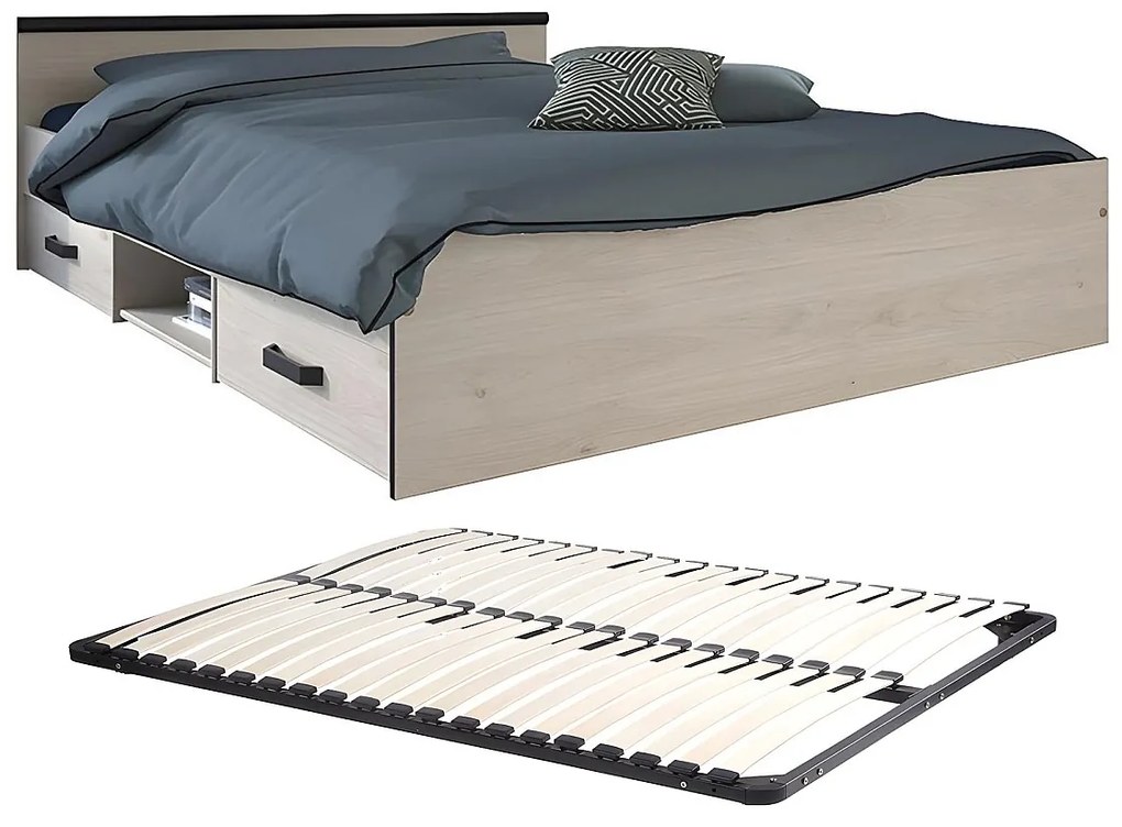 Łóżko ze skrzynią 140 x 190 cm - 2 szuflady i 1 wnęka - Kolory: naturalny + stelaż - PABLO