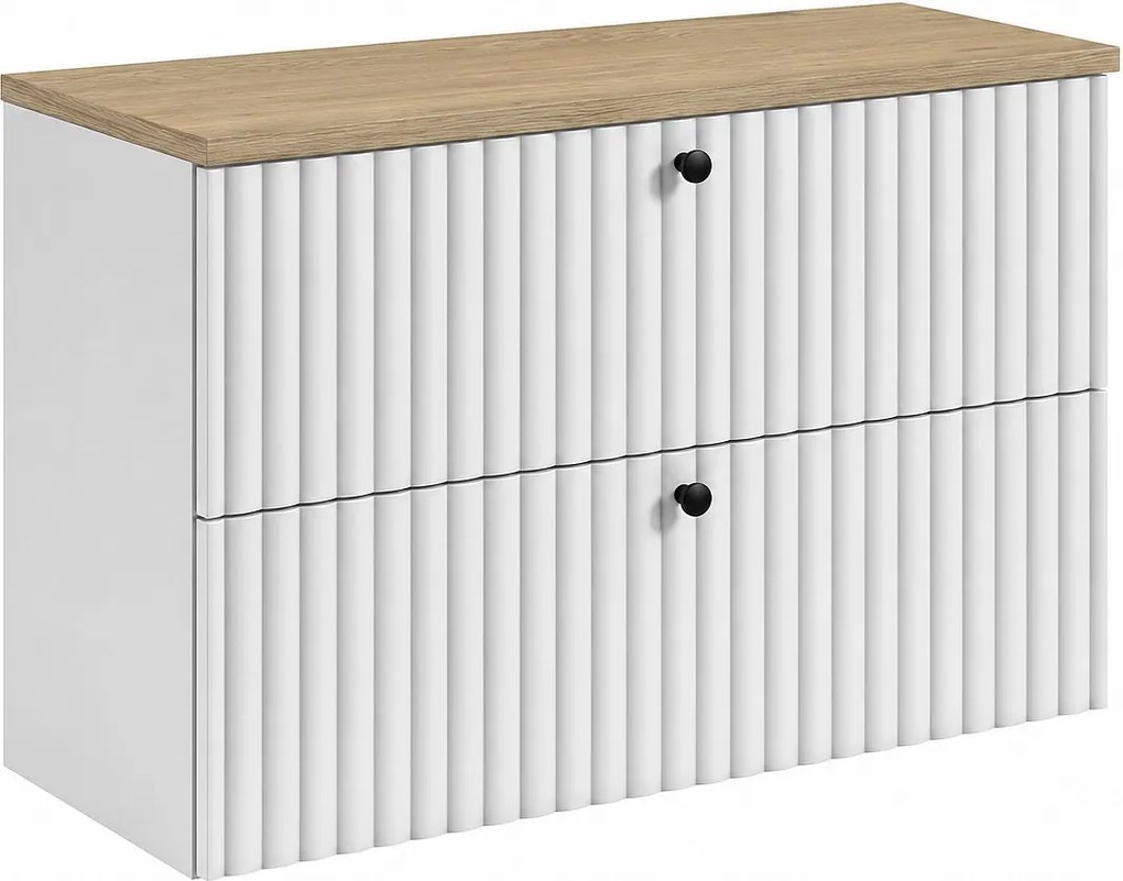 Szafka łazienkowa wisząca z blatem 80, biały + blat jasny dąb, uchwyty w trzech kolorach, 80 x 44,4 x 58,6 cm