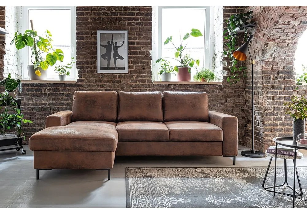 Brązowy narożnik rozkładany z imitacji skóry Miuform Lofty Lilly Vintage, lewostronny
