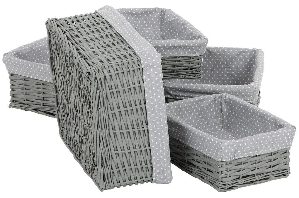 Zestaw koszyków wiklinowych z tkaniną Szara kropka, 5 szt., 5 rozmiarów, 48 x 18 x 37 cm