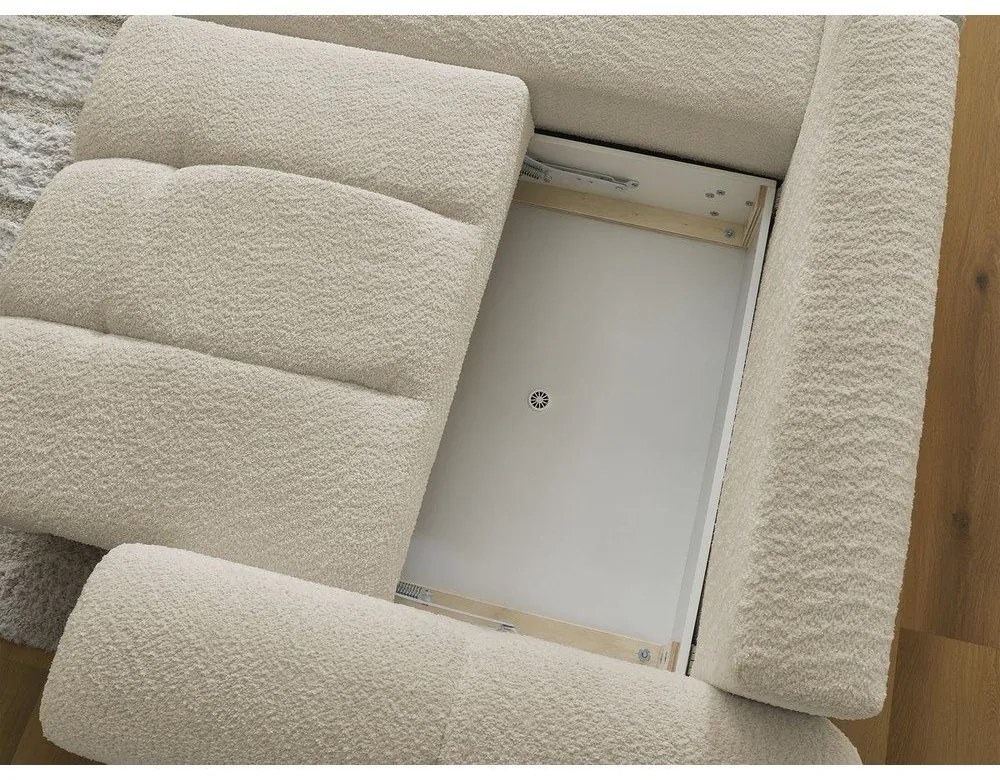 Beżowy rozkładany narożnik z materiału bouclé ze schowkiem (lewostronny/z szezlongiem) Roxelane – Bobochic Paris