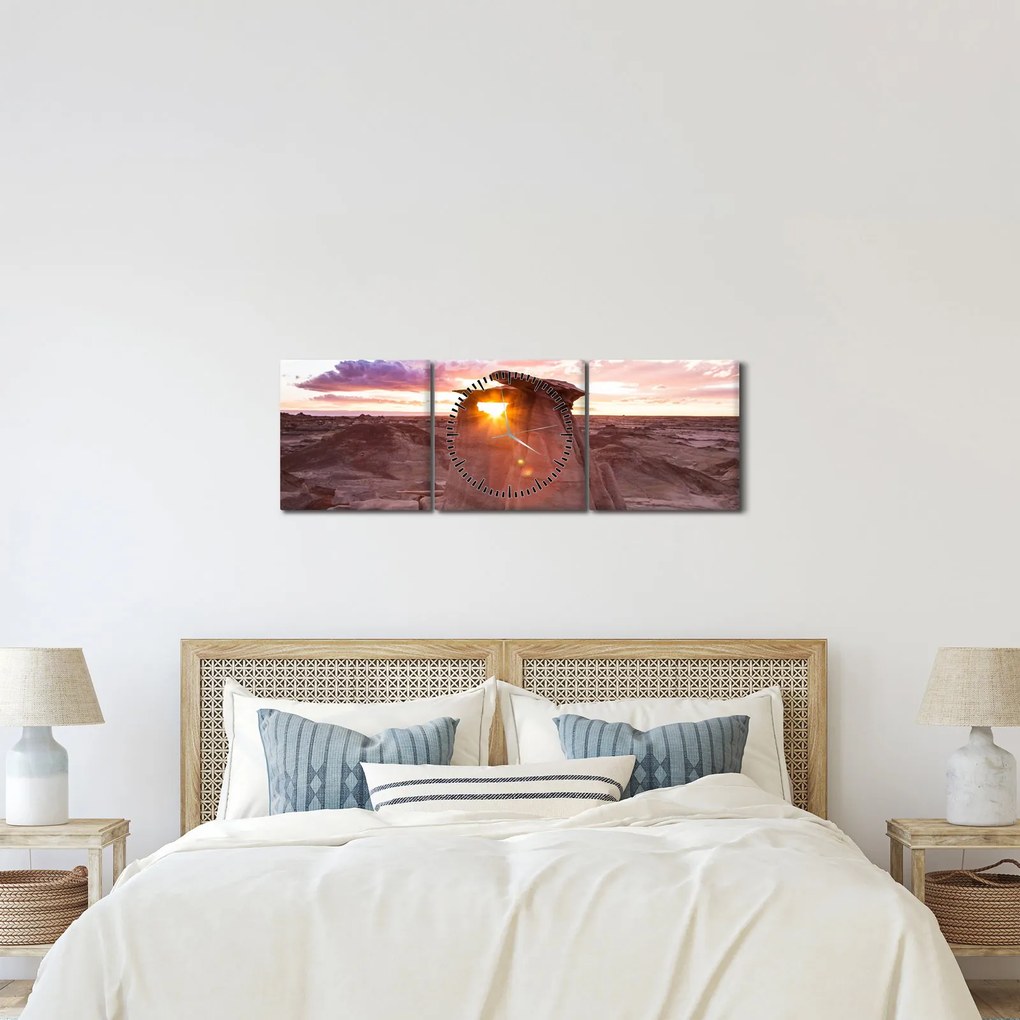Obraz - zachód słońca na pustyni (z zegarem) (90x30 cm)