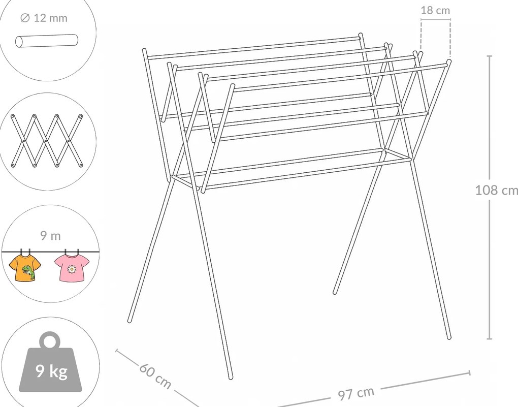 Rozkładana suszarka na pranie HARMEN, trzypoziomowa, 9 m
