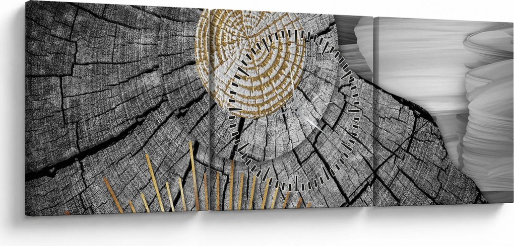 Obraz - Pień drzewa w kolażu (z zegarem) (90x30 cm)