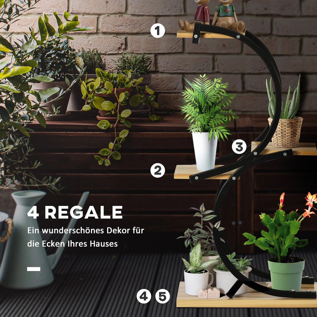 Outsunny Stojak na Rośliny z 4 Półkami Lite Drewno Odporny na Warunki Atmosferyczne Czarny Naturalny 46x25x91cm | Aosom PL