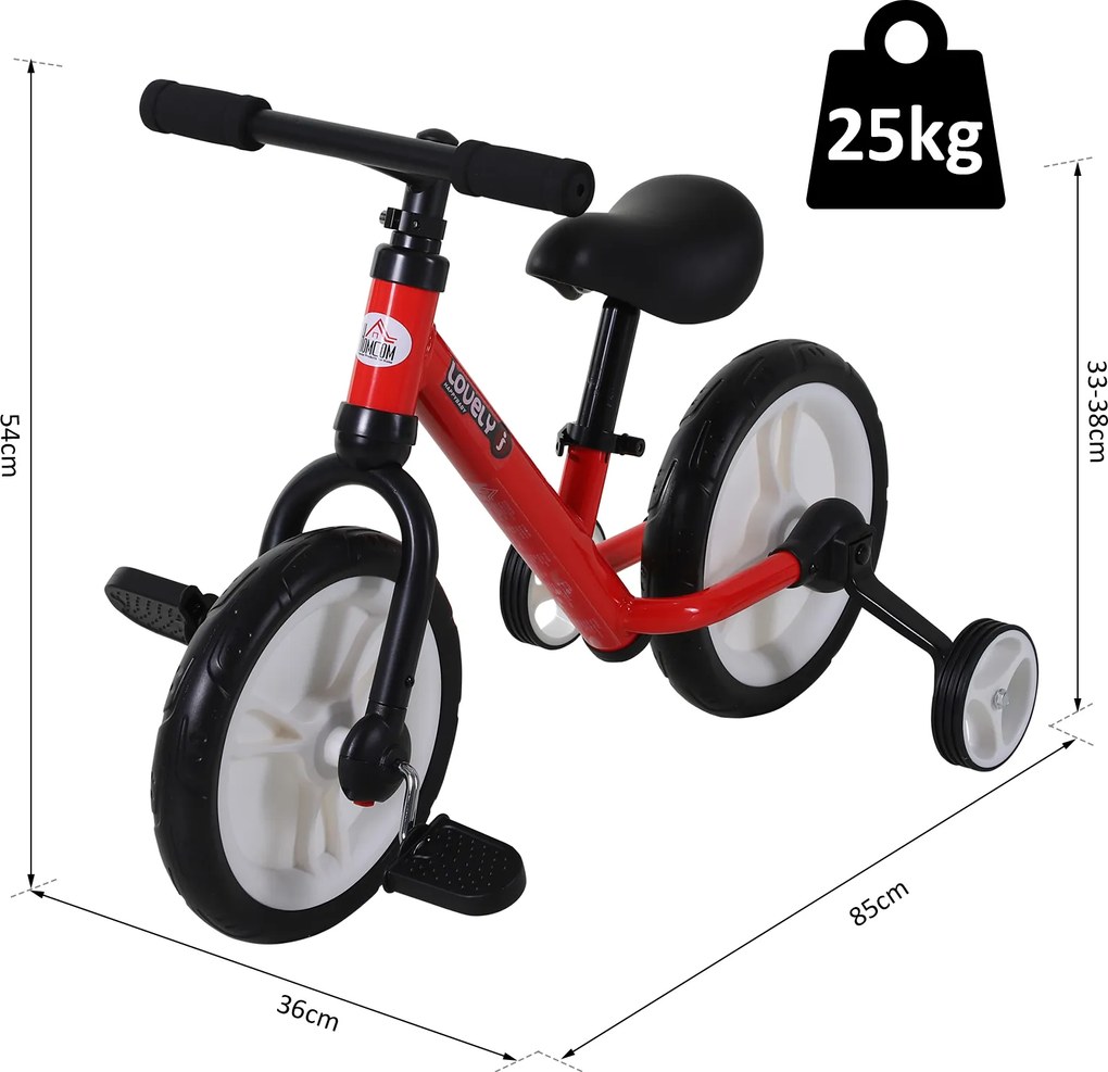 HOMCOM Rowerek Biegowy 2 w 1 Dla Dzieci Z Kółkami Podporowymi i Pedałami 2-5 Lat PP Czerwony | Aosom PL