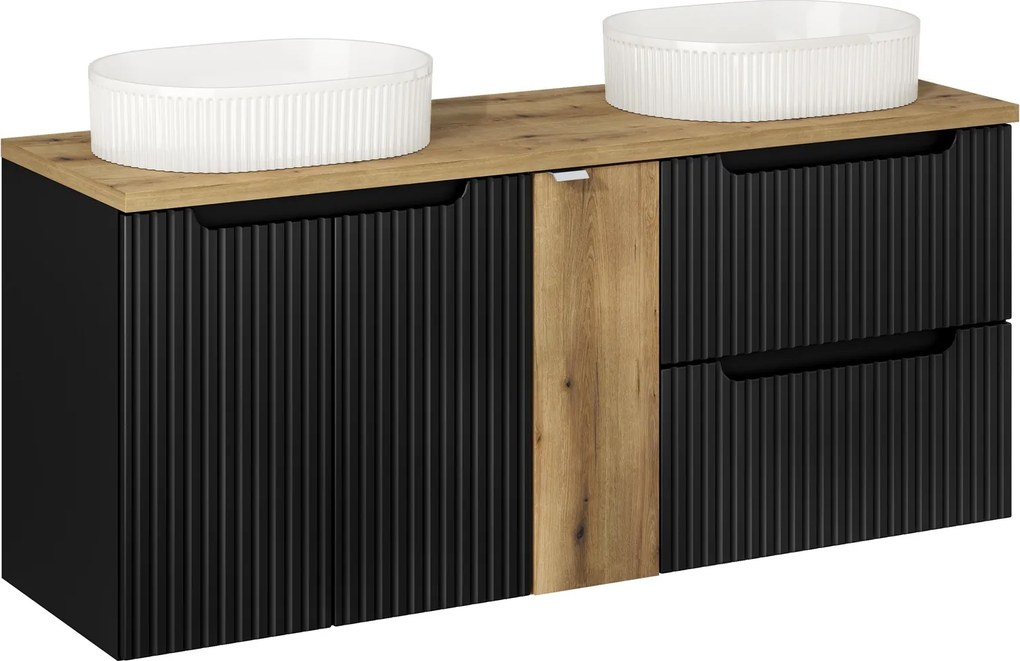 Szafka łazienkowa Nova 140 cm z białymi umywalkami Beyond, czarny mat/dąb coast evoke