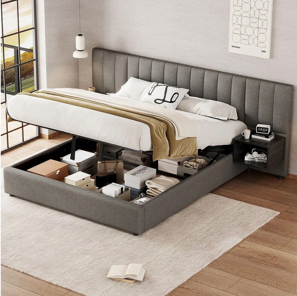 Łóżko z pojemnikiem 160 x 200 cm - z stelażem - lniane - szaro-czarne - bez materaca