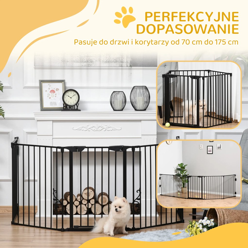 PawHut 2 w 1 Ogrodzenie dla Zwierząt Domowych, Wybieg dla Szczeniąt, Brama Bezpieczeństwa, Składany, Metal, 300 x 3 x 74,5 cm, Czarny