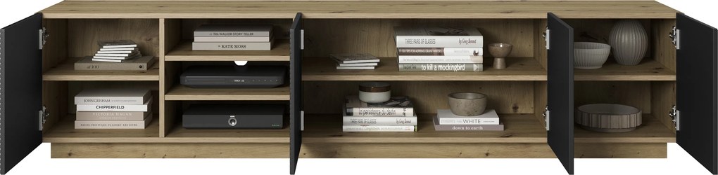 Szafka RTV Asha 200 cm z ryflowanym frontem i wnęką - artisan / czarny mat