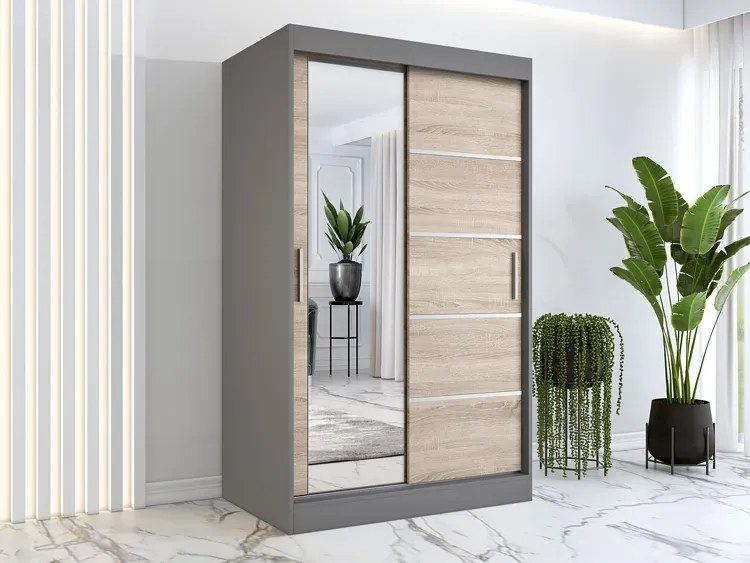Szafa przesuwna 120 cm antracyt + dąb sonoma - Ebia 3X