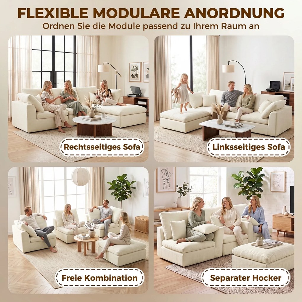 HOMCOM Modułowy narożnik z odwracalną otomaną, chmurowo miękka sofa Chenille w kształcie L, szerokie siedzisko, kremowo-biały | Aosom PL