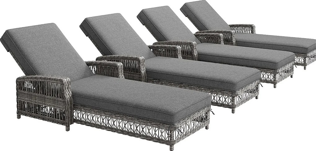 Leżak Regulowany w 4 Pozycjach na Taras z Odpornością na Warunki Atmosferyczne i Rdzawe Rattanowe, 4 osoby, Szary