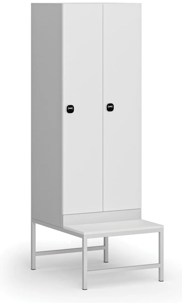 Szafka ubraniowa S1 z ławką, 2-drzwiowa, 1875 x 600 x 500/800 mm, zamek RFID, drzwi laminowane, biała