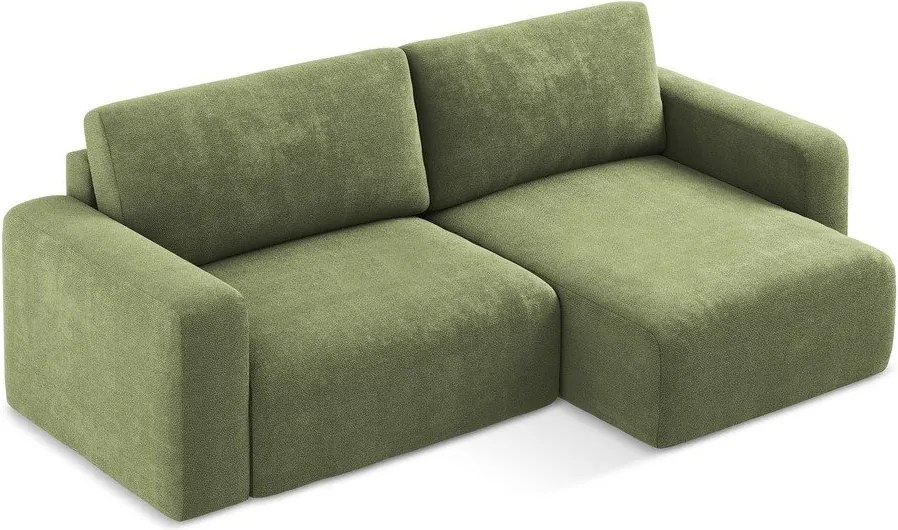 Zielony rozkładany/ze schowkiem narożnik z tkaniny szenilowej (prawostronny/z szezlongiem) Kona – Makamii