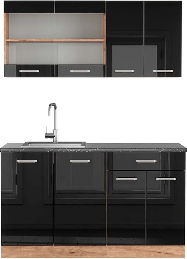 Pojedyncza kuchnia czarny/złoty dąb o wysokim połysku 140x60x81.6 r-line