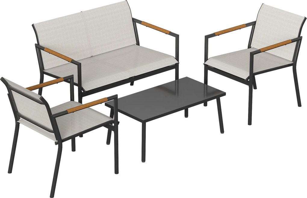 Outsunny Zestaw mebli ogrodowych 4 osobowy sofa dwuosobowa fotele stół metalowy na taras balkon ogród | Aosom PL