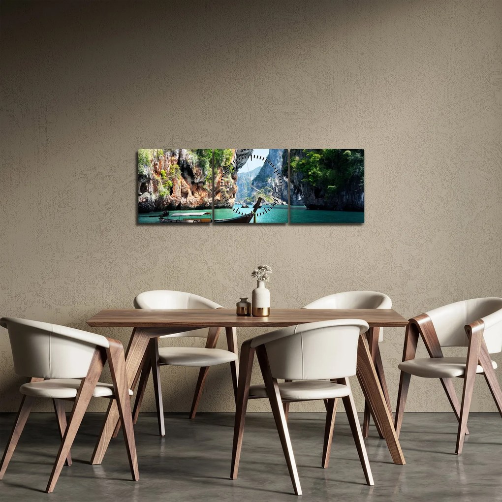 Obraz długiej łodzi na plaży (z zegarem) (90x30 cm)