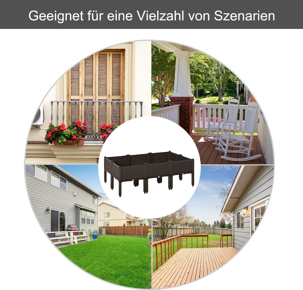 Outsunny podwyższona grządka 6-częściowa skrzynia na rośliny z otworami odpływowymi o wyglądzie rattanu kwietnik DIY kolor brązowy 40 x 40 x 44 cm