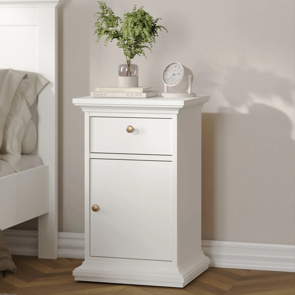 Wąska szafka nocna z szufladą Paris, kolor biały mat