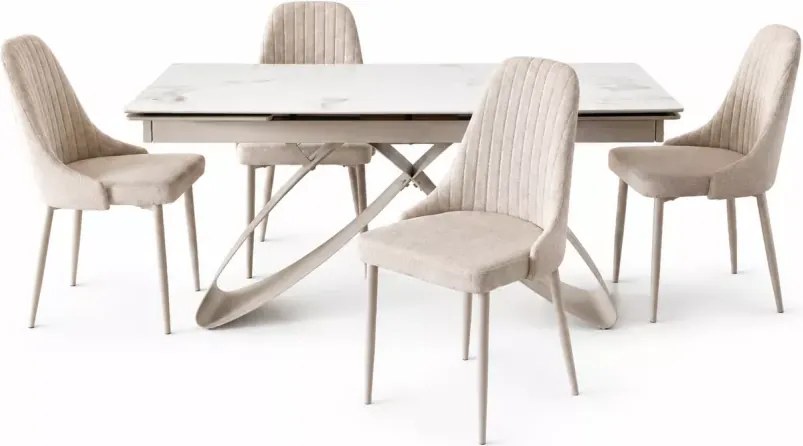 Zestaw stół Twig rozkładany ceramiczny 160-240 biały marmur kaszmir + 4 krzesła Sligo kremowe