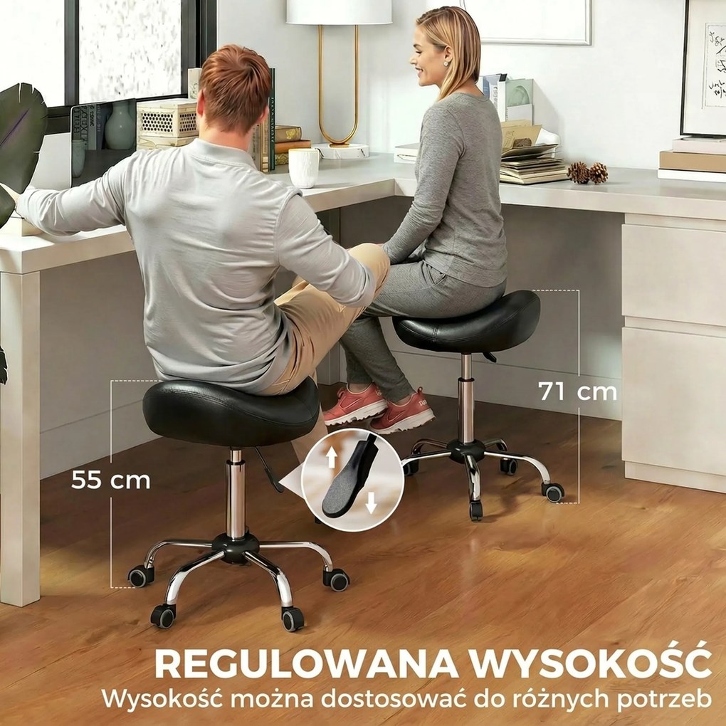 HOMCOM Taboret Salonowy z Siedziskiem Siodłowym, Regulowany, Ekoskóra, 48x48x54-69cm, Czarny