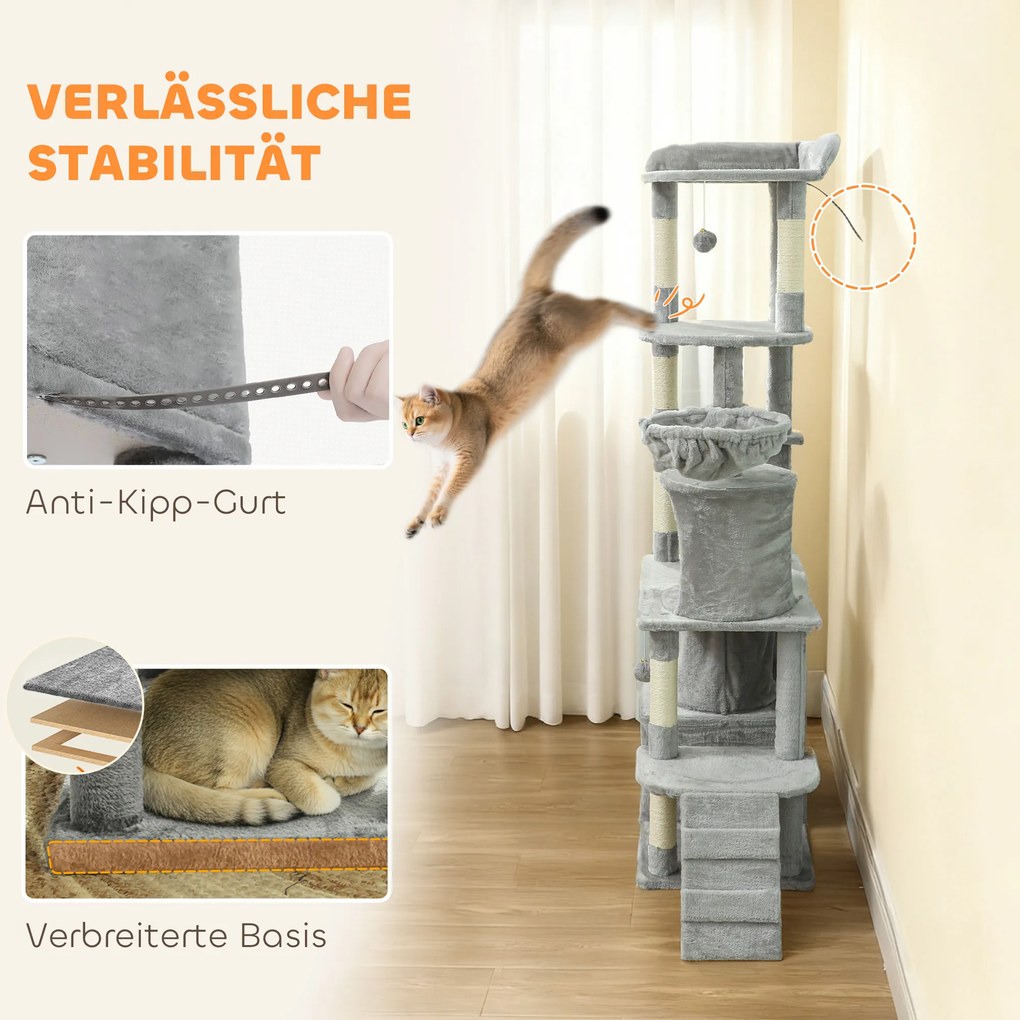 PawHut Drapak dla kota, 170 cm, tunel, jaskinie, duża podstawa, słupy sizalowe, Jasnoszary