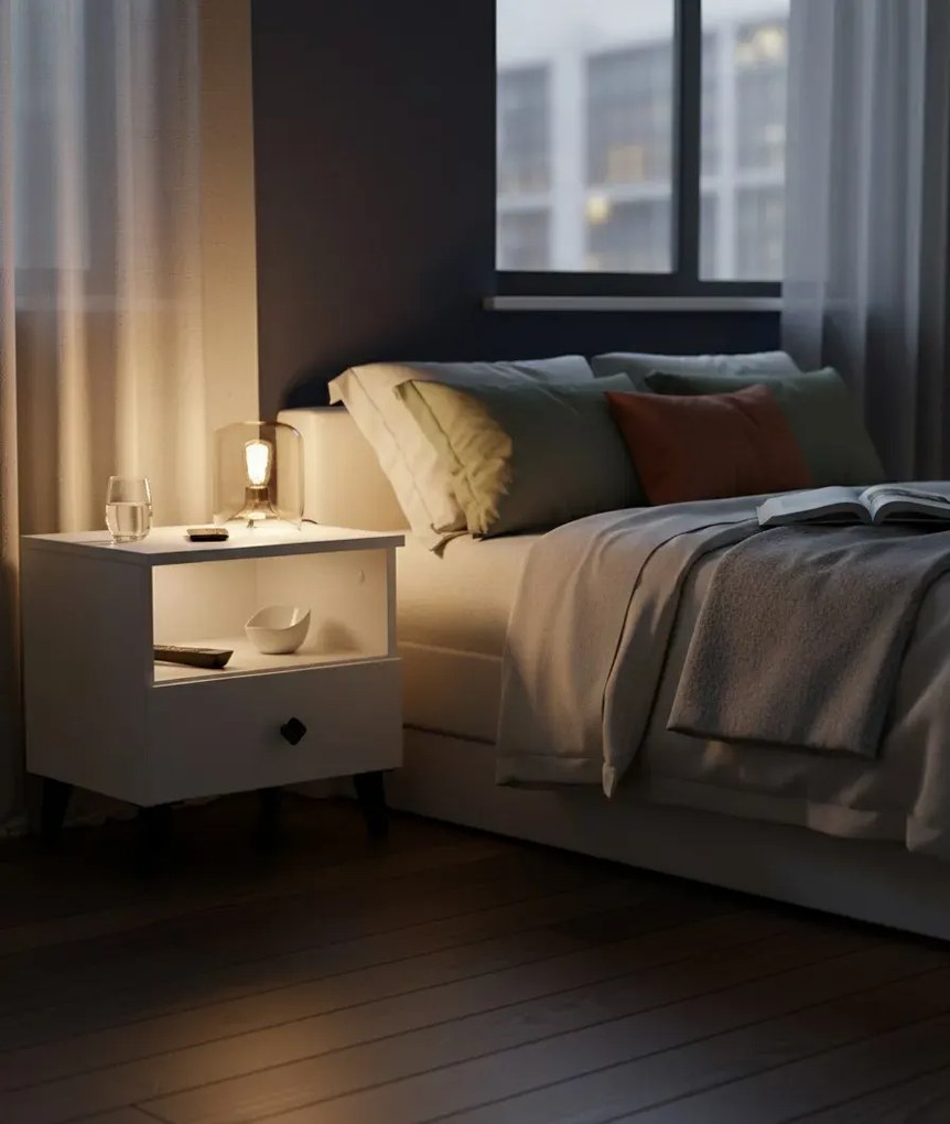 Biała szafka nocna z szufladą i półką T0-E82