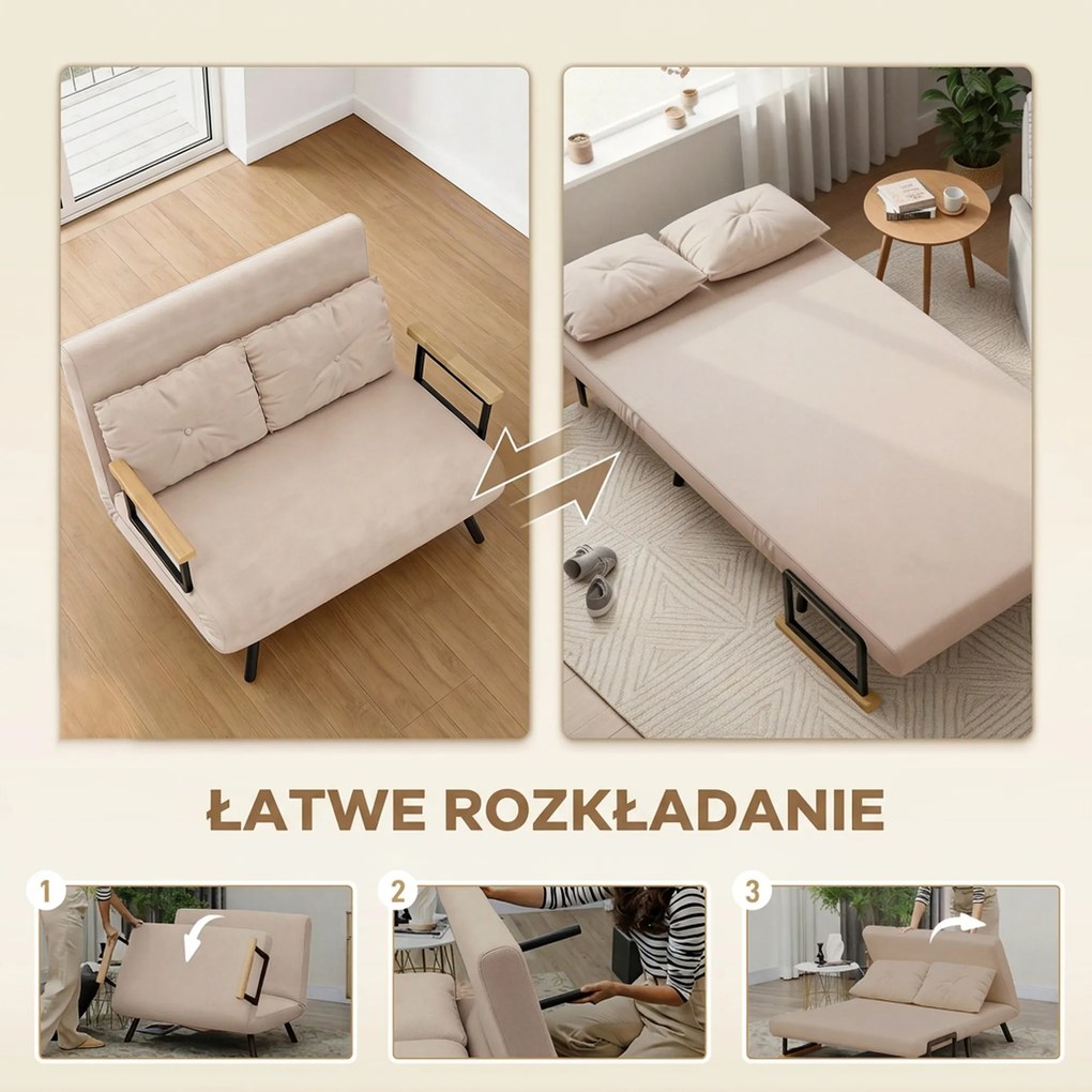 HOMCOM Sofa 2 osobowa z funkcją spania aksamitna z 2 poduszkami w kolorze naturalnym beżowym czarnym | Aosom PL