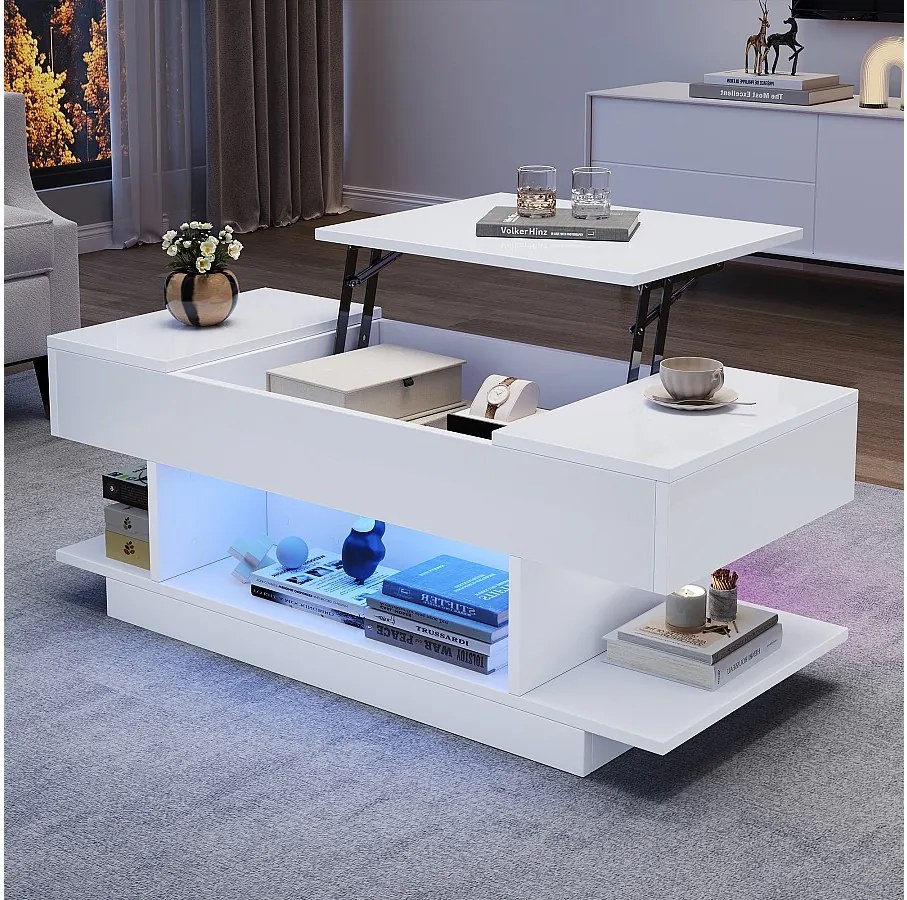 Stolik kawowy z podnoszonym blatem i 2 składanymi szufladami + diody LED - 98 x 45 x 40 cm - płyta wiórowa - biały