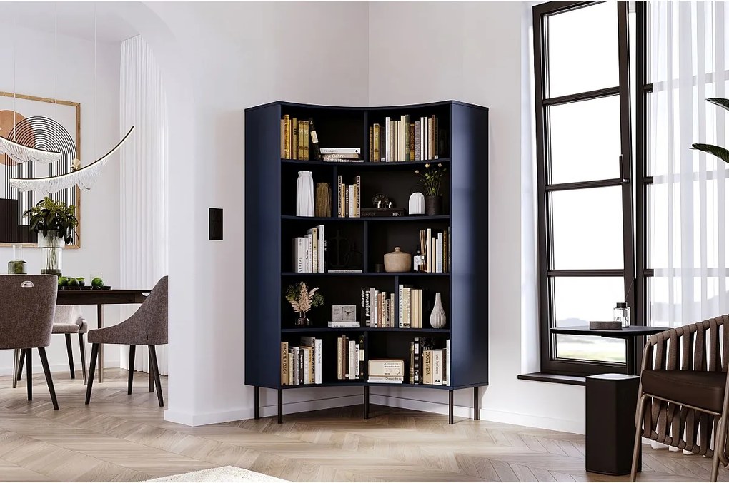 Narożny regał Skandica HORN z czarnymi nogami / granatowy