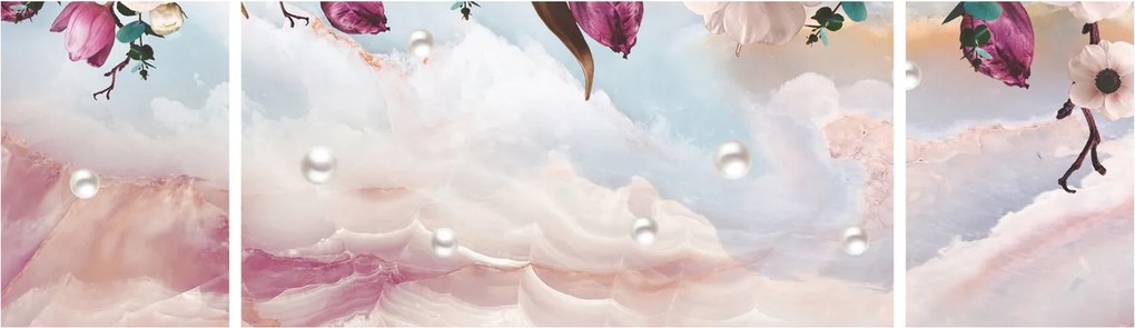 Obraz różowych kwiatów z różowym marmurem (170x50 cm)