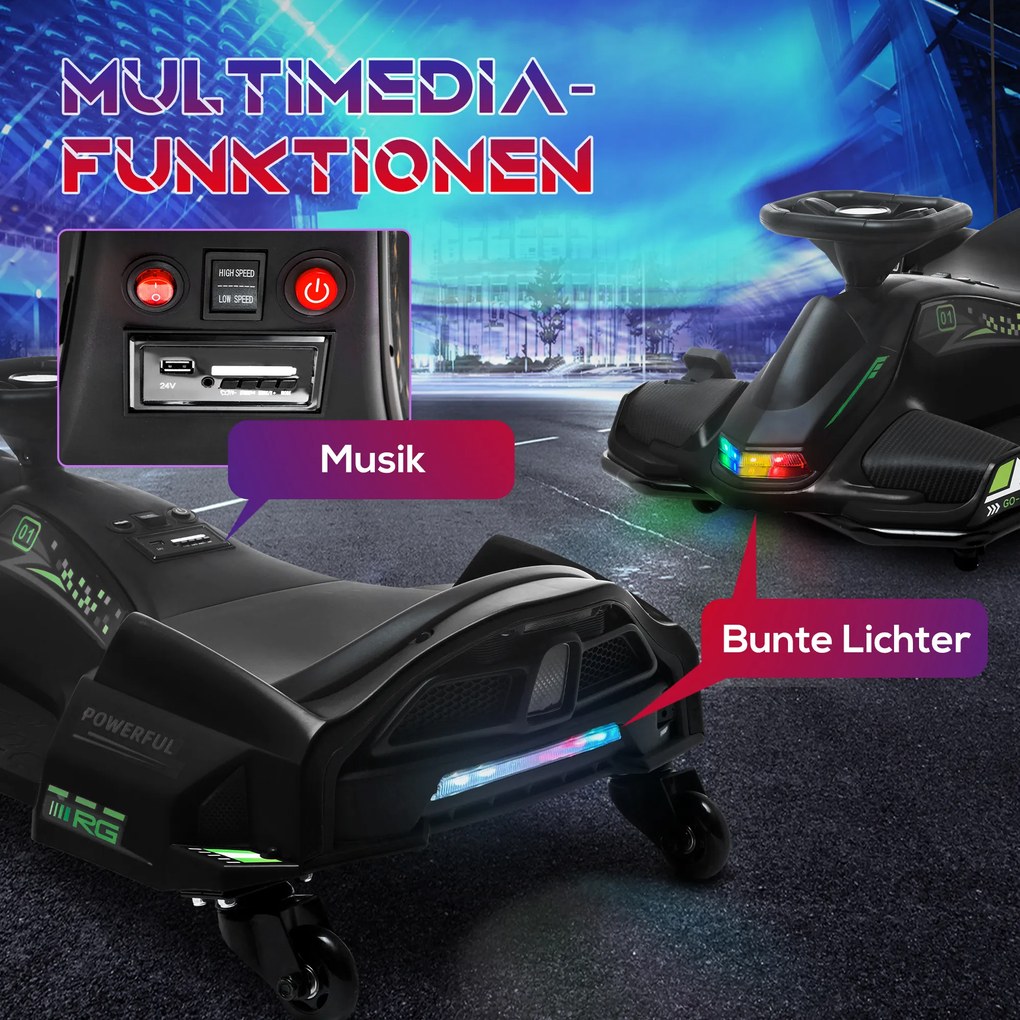 HOMCOM Elektryczny Gokart dla Dzieci, Koła z Ekoskóry, 3-8 km/h, ze Światłami i Muzyką, Czarny