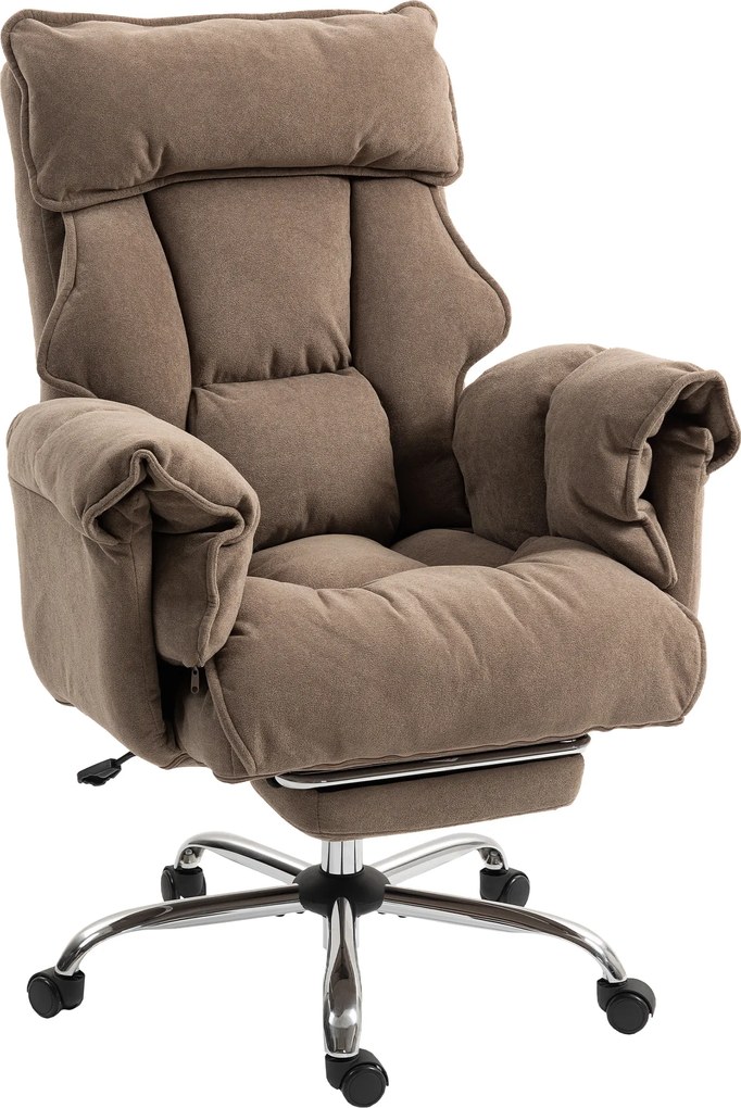 HOMCOM Ergonomiczny fotel biurowy, regulowane oparcie, podnóżek, miękki materiał, Jasnobrązowy