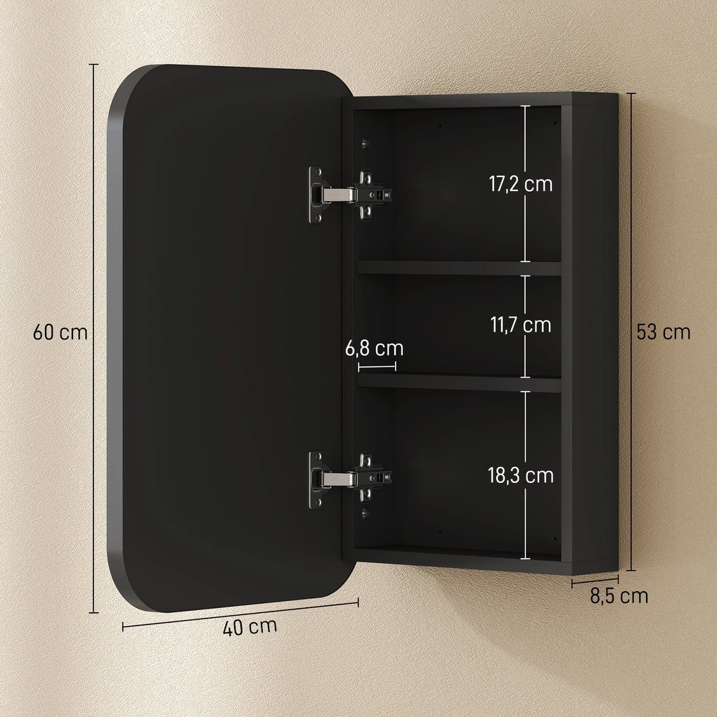 HOMCOM Szafka łazienkowa z lustrem, wisząca szafka z regulowaną półką, 40 x 10 x 60 cm, czarna | Aosom PL