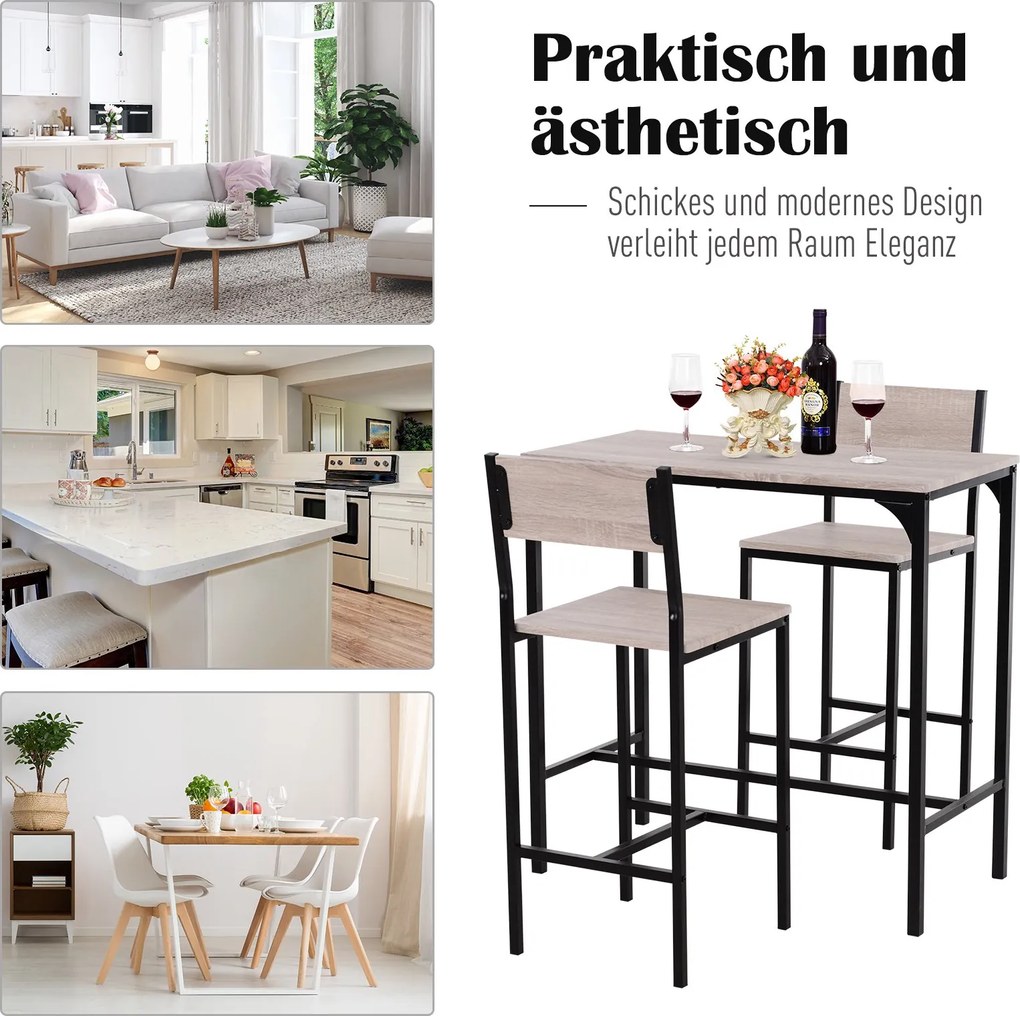 HOMCOM Stół barowy z 2 krzesłami 3-częściowy zestaw krzesło barowe stołek barowy MDF kolor naturalny czarny