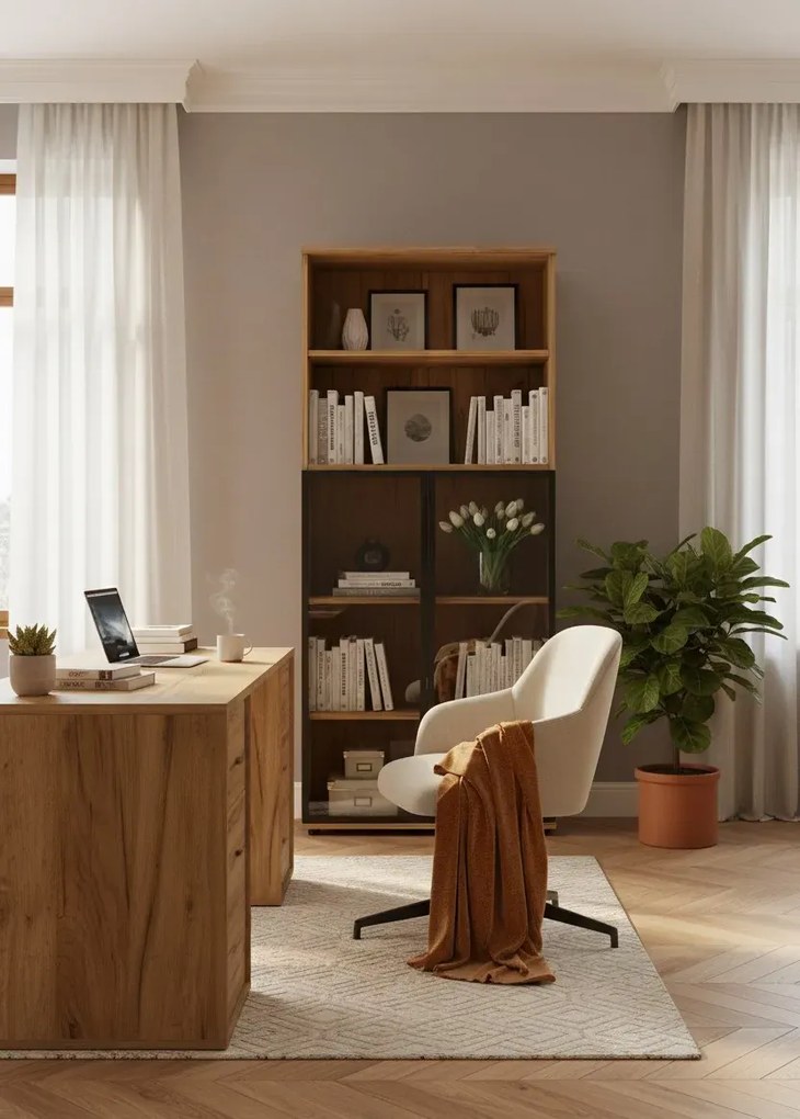 Nowoczesny regał biurowy z witryną dąb craft H1-M14