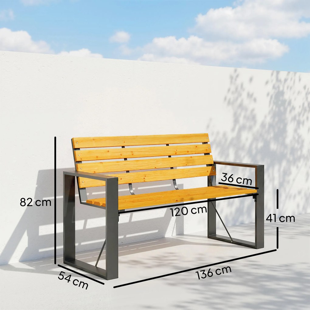 Outsunny Ławka ogrodowa 2-osobowa odporna na warunki atmosferyczne, drewniana ławka z lamelowym wzorem i podłokietnikami, siedzisko do 240 kg, Naturalne drewno | Aosom PL