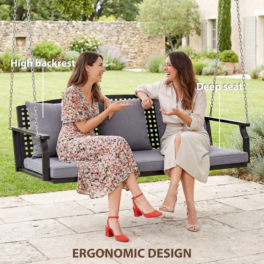 Outsunny 3-osobowa huśtawka na werandę, huśtawka ogrodowa z 3 poduszkami na oparcie, poduszką na siedzenie i zestawem do zawieszenia, szara | Aosom PL