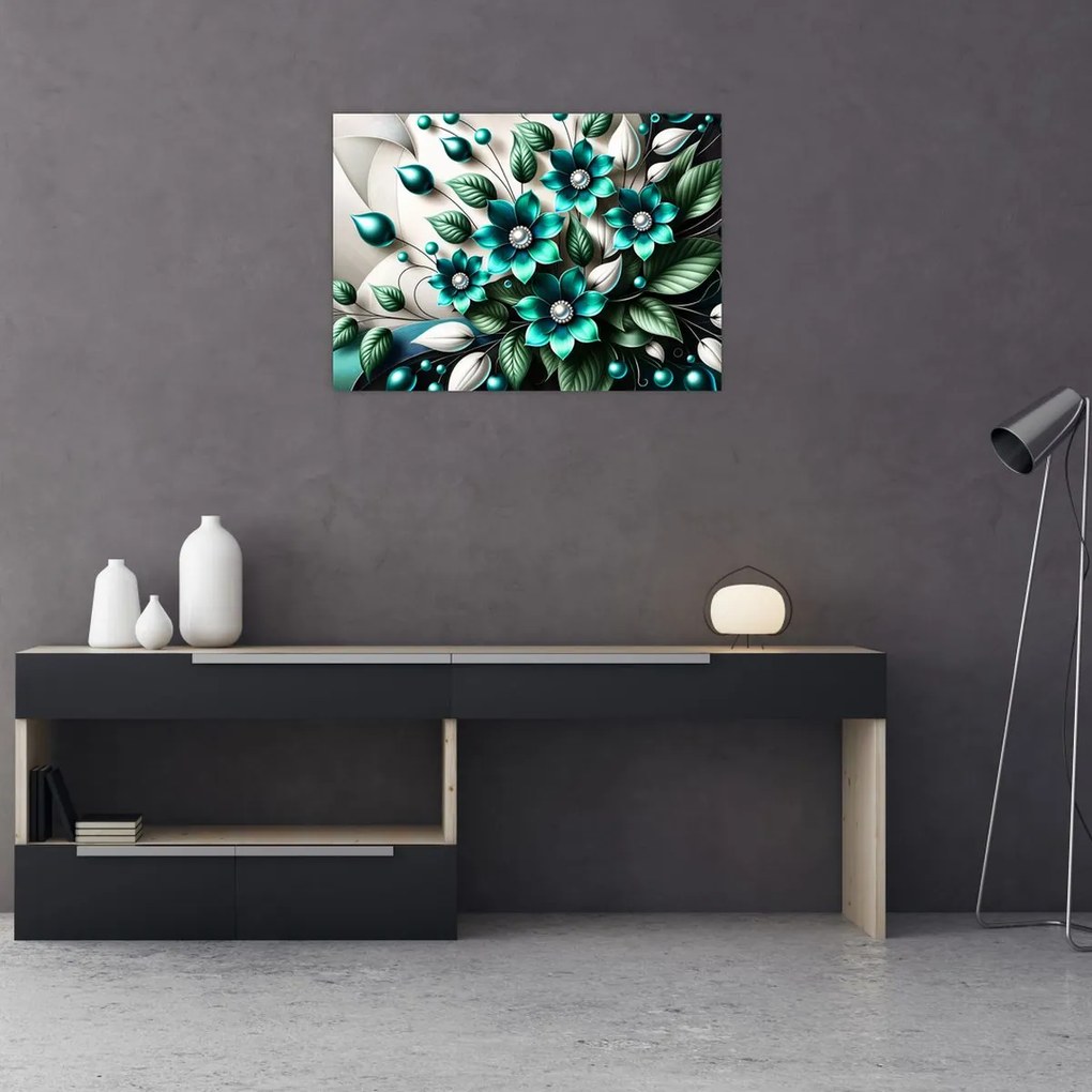 Obraz na szkle - 3D turkusowe kwiaty (70x50 cm)