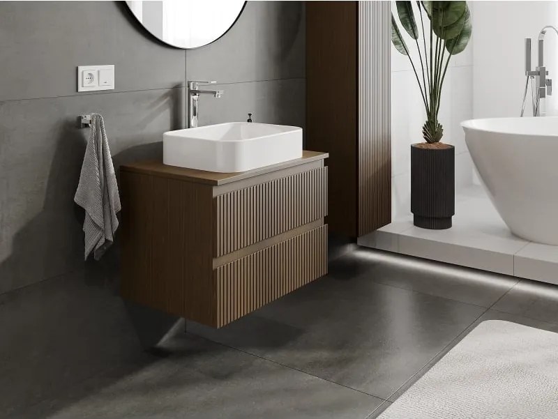 Mexen Rivel szafka łazienkowa podumywalkowa 70 cm z blatem, 2 szuflady, ryflowana , orzech - 91A20-07047-2-BFFC86
