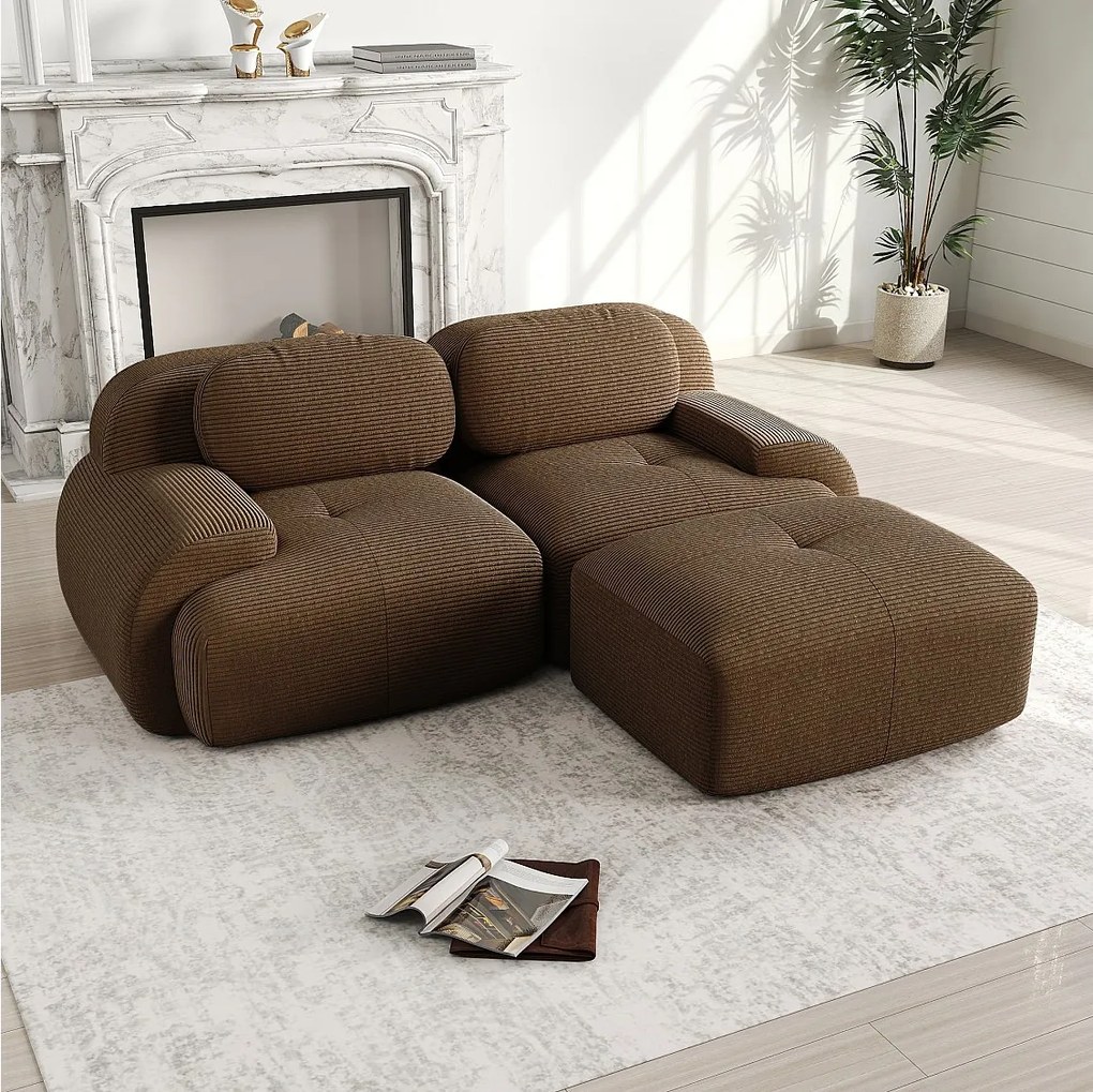 Narożna sofa 2-osobowa modułowa - w Welurze żebrowanym - z 2 poduszkami i pufą - ergonomiczna - 208x178x70cm - Brązowy