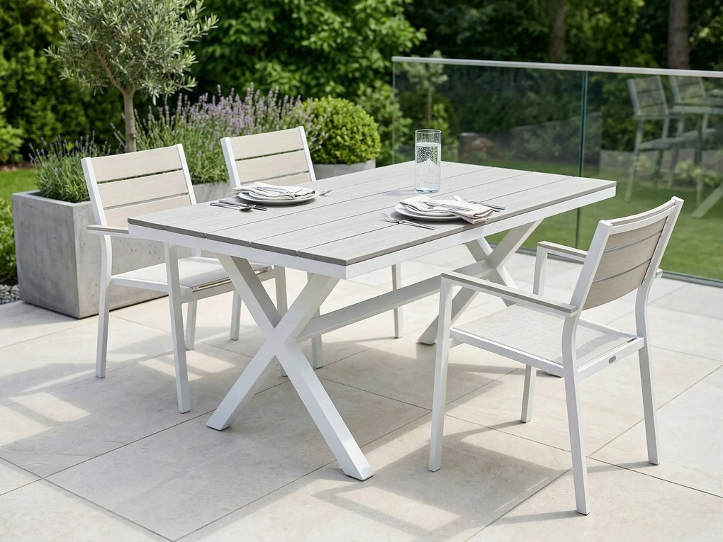 Stół ogrodowy aluminiowy biały 150x90x75 cm trwały blat kompozyt drewniany