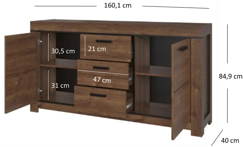 Komoda Dwudrzwiowa z Szufladami Drewniana do Salonu MYTH 160 cm Dąb brązowy Loft