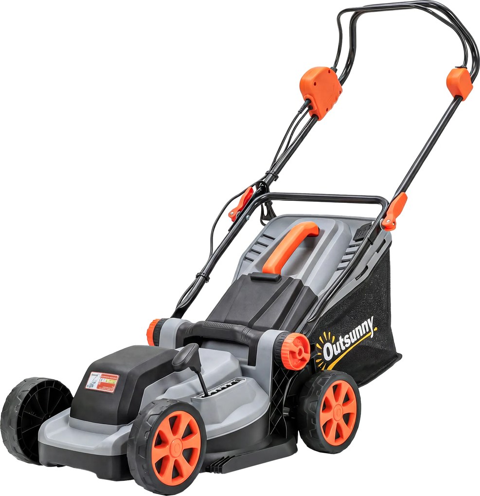 Outsunny Elektryczna kosiarka 1200 W z szerokością cięcia 34 cm, koszem na trawę o pojemności 35 litrów, funkcją mulczowania, 6 wysokościami cięcia, regulowanym uchwytem | Aosom PL